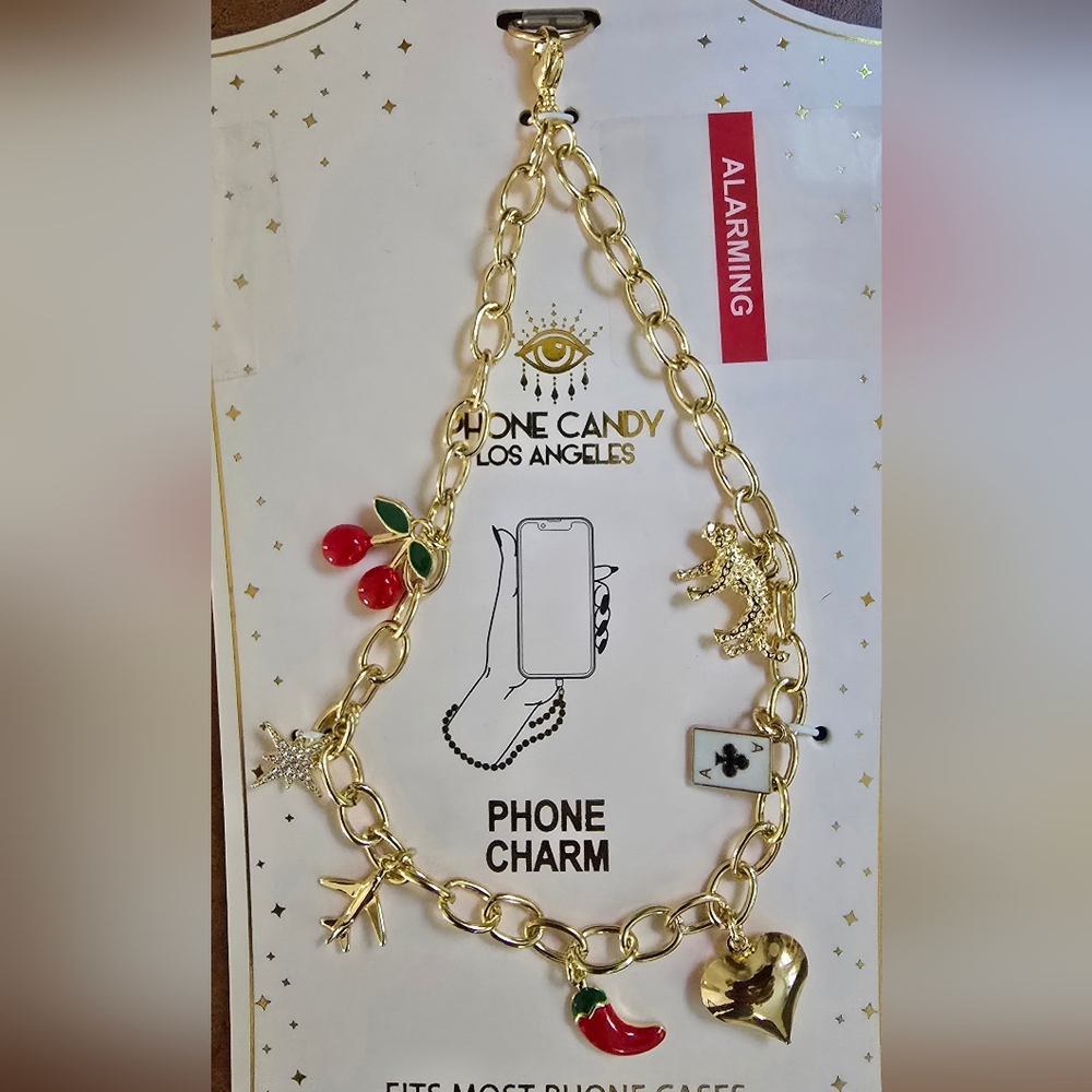 EYE CANDY Gold Tone Phone Charm with Cherries, Poker Card, Star, Heart